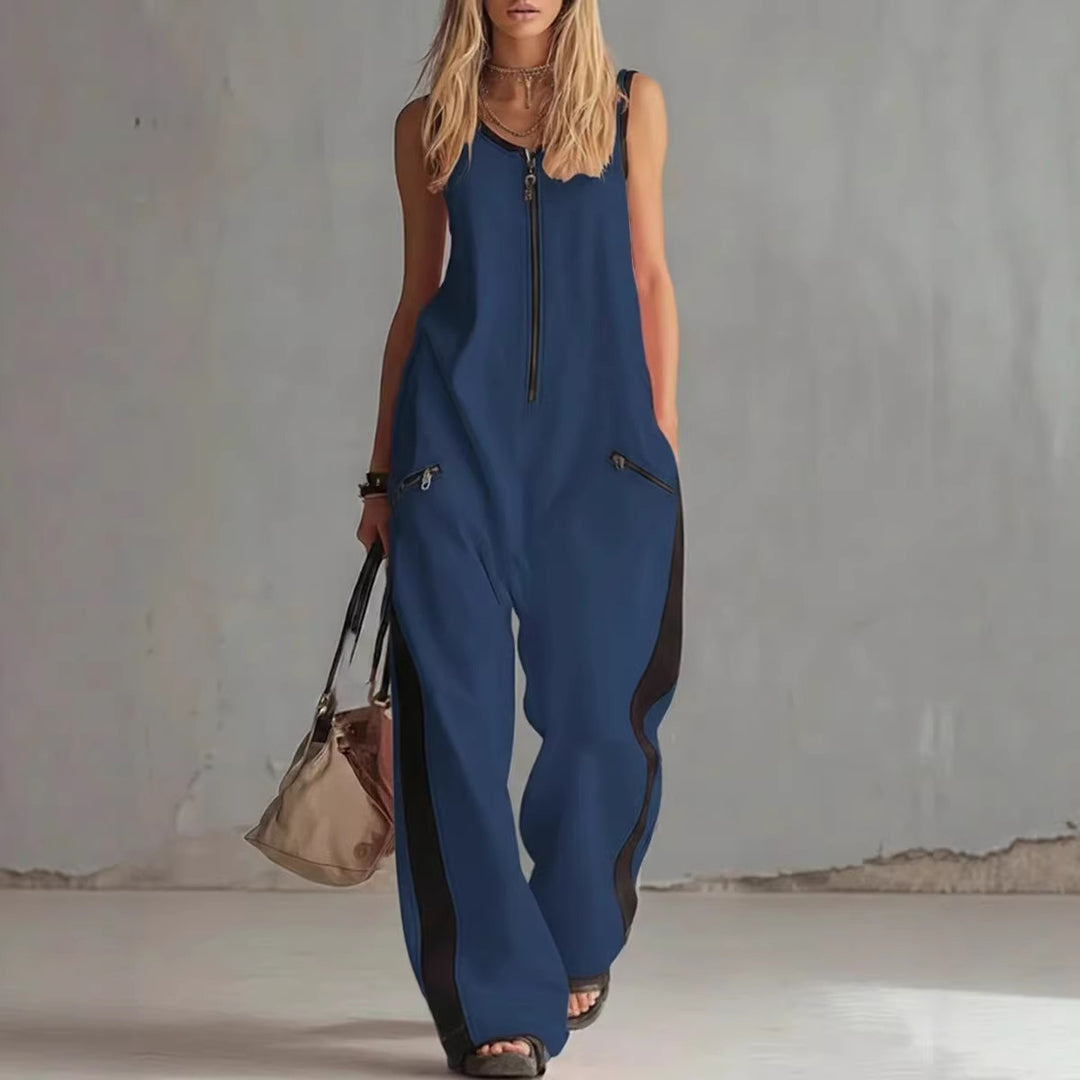 Modern Contrast Zip-Front Wide Leg Jumpsuit