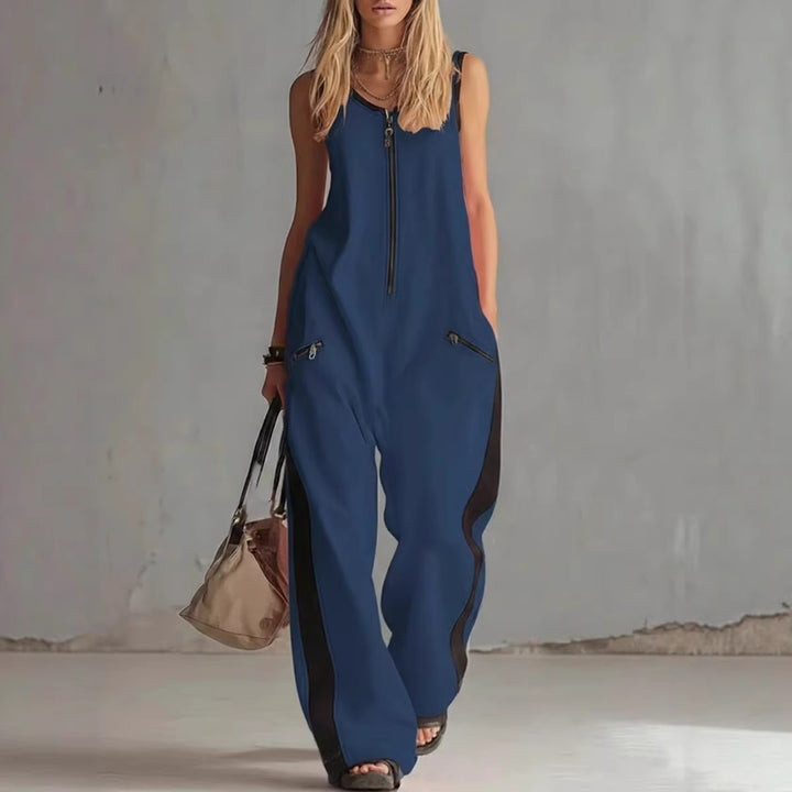 Modern Contrast Zip-Front Wide Leg Jumpsuit