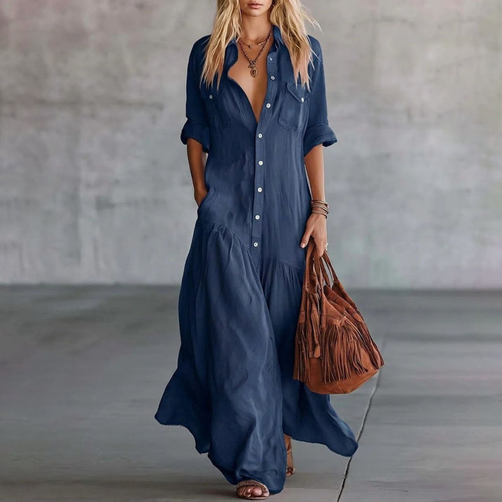 Casual Button-Down Maxi Shirt Dress with Pockets