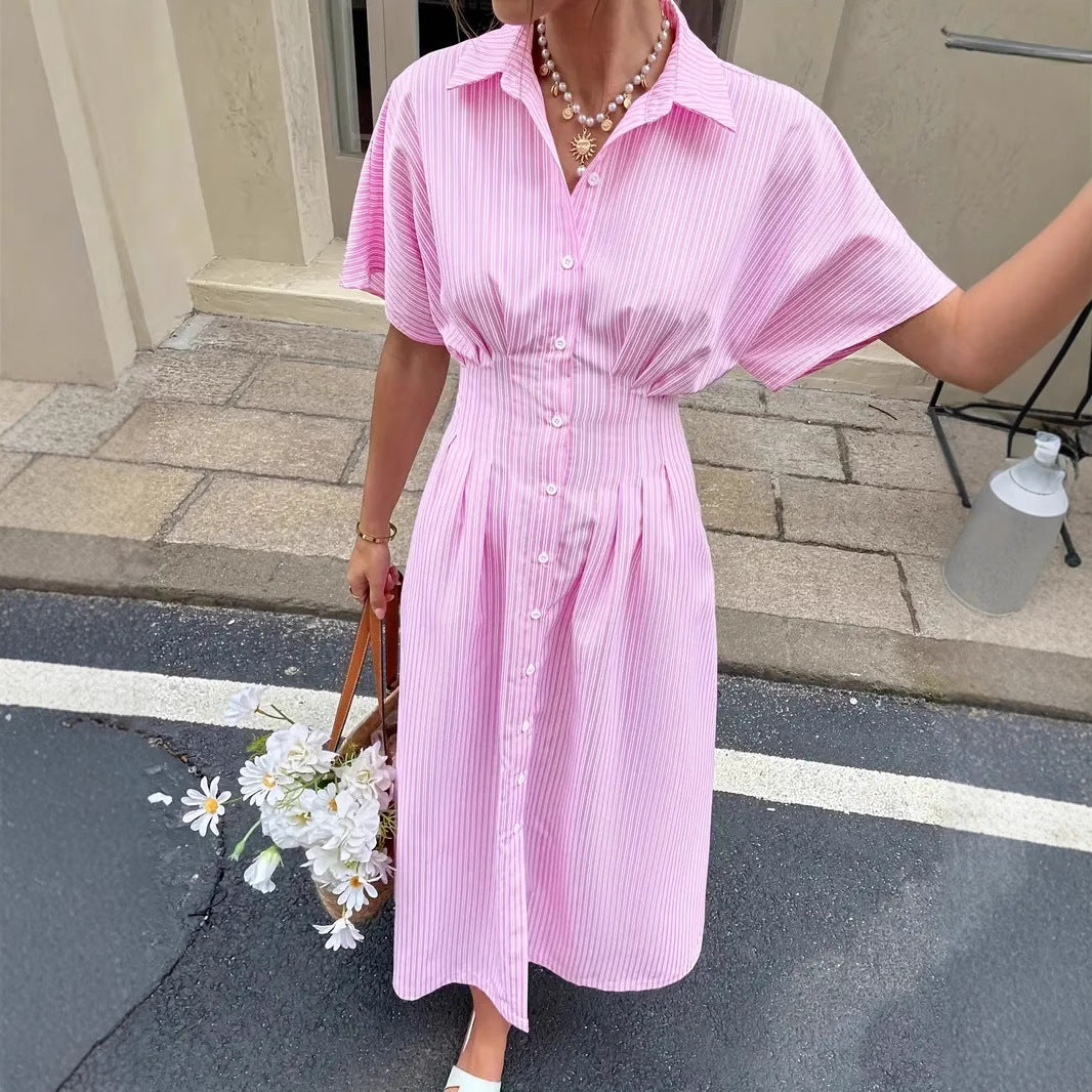 Striped Pleated Waist Shirt Midi Dress