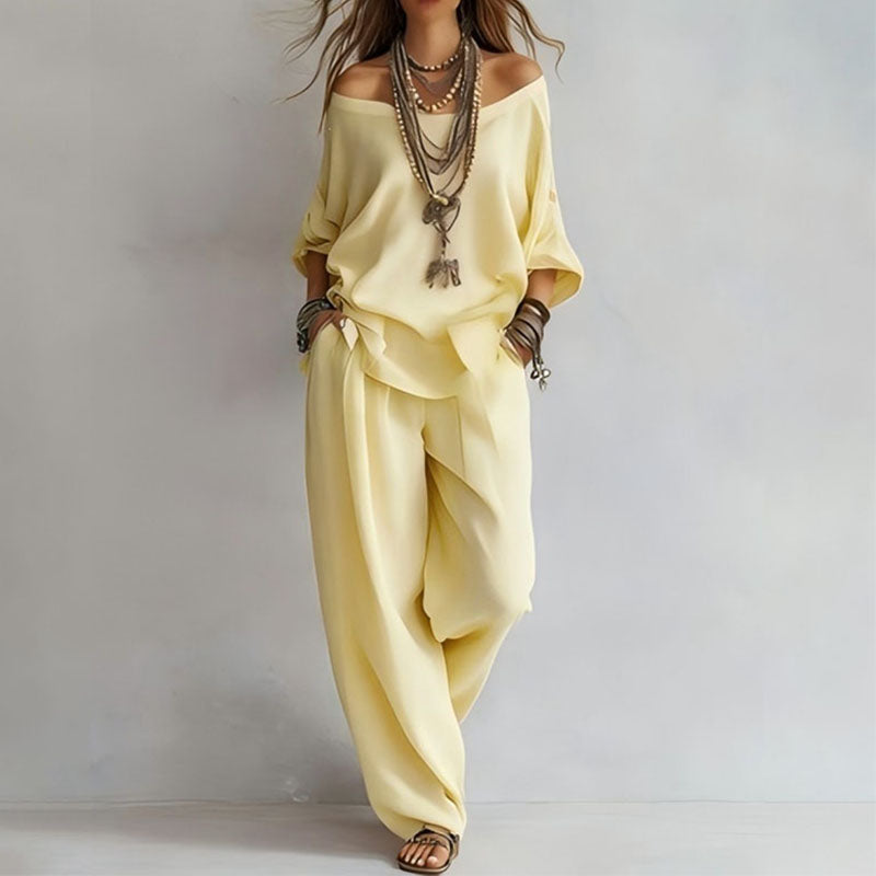 Linen Blend 3/4 Sleeve Top &amp; Wide Leg Pants Set
