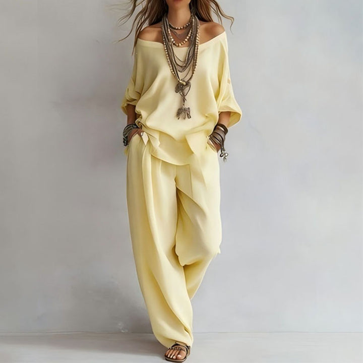 Linen Blend 3/4 Sleeve Top &amp; Wide Leg Pants Set