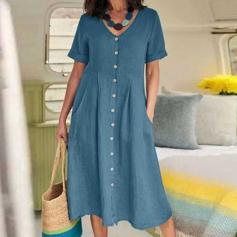 Linen Blend High-Waist Midi Dress