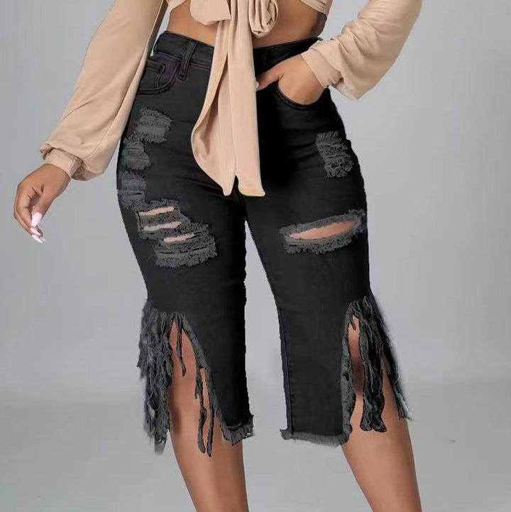 High-Waisted Distressed Frayed Hem Bermuda Jeans