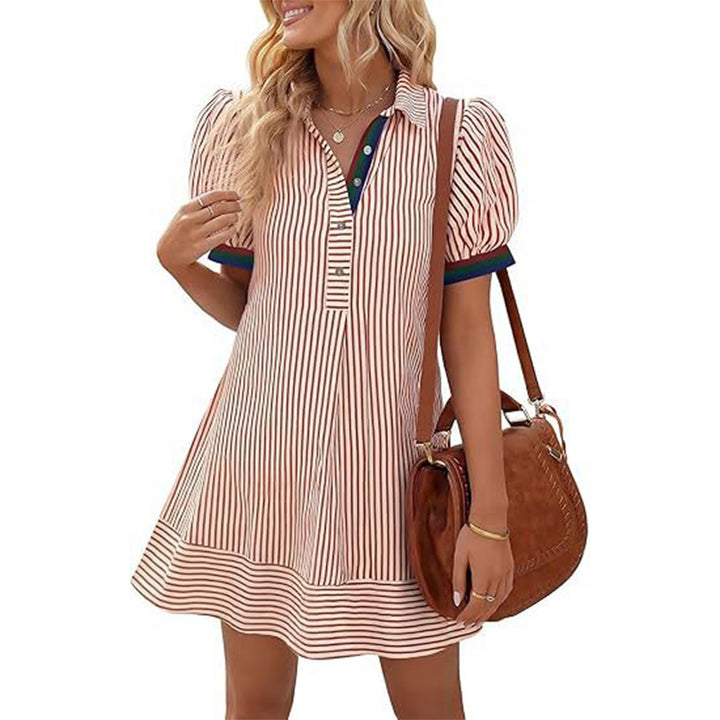 Elegant Striped Puff Sleeve A-Line Mini Dress