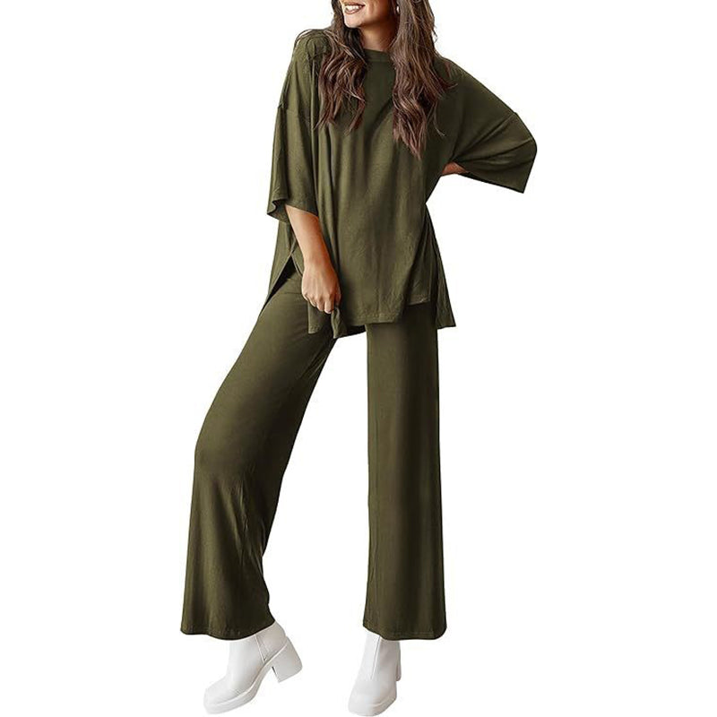 Short-sleeved casual top and wide-leg pants loungewear set