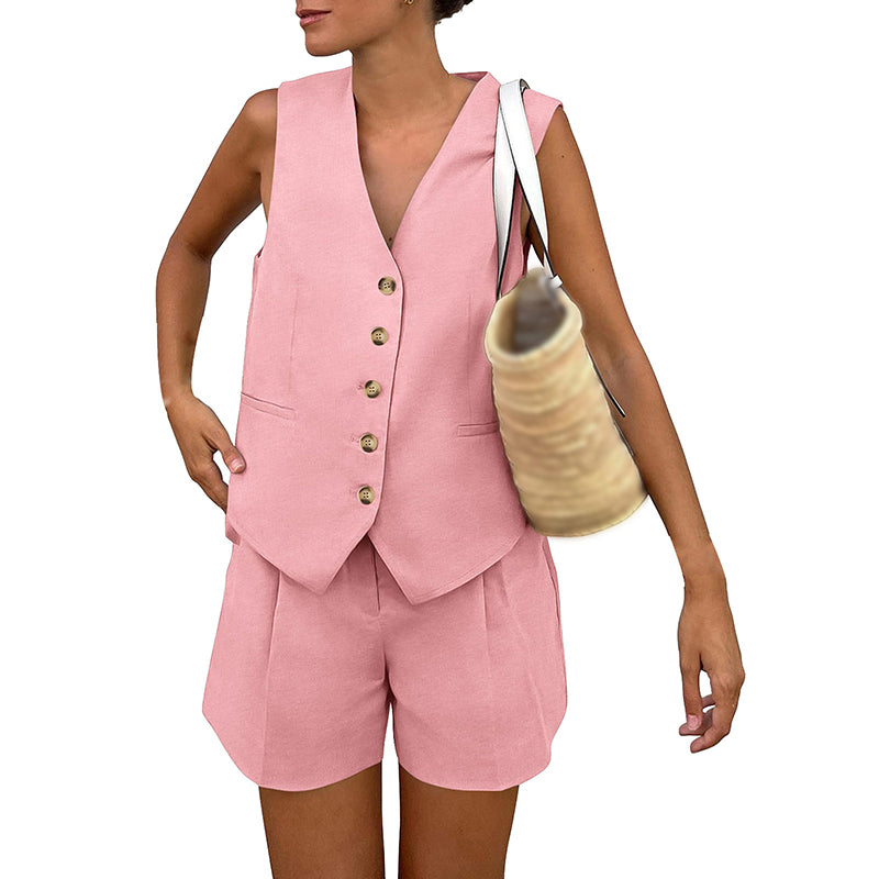V-Neck Button-Front Vest &amp; Shorts Set