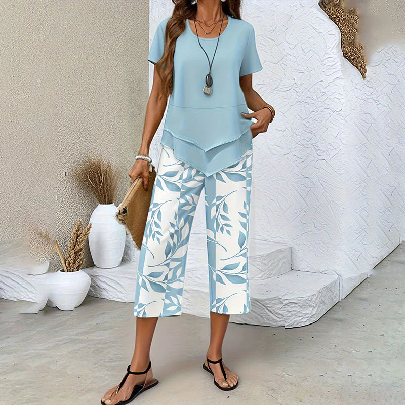 Layered Hem Top &amp; Floral Crop Pants Set