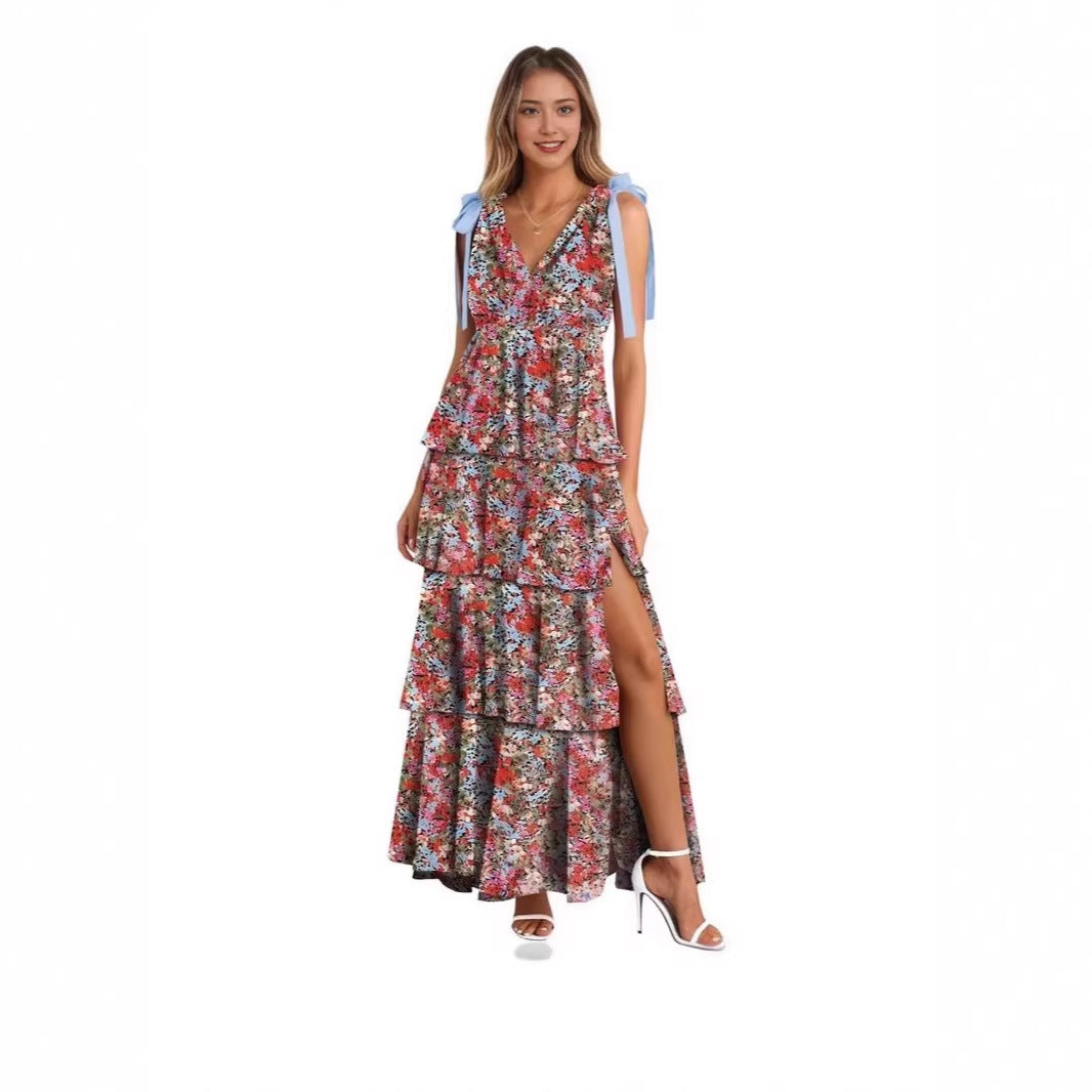 Elegant Tie-Shoulder Floral Tiered Maxi Dress