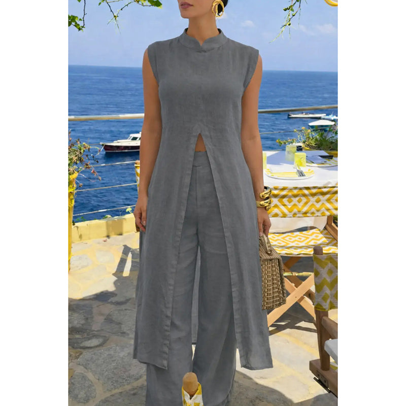 Cotton slit long top and pants set