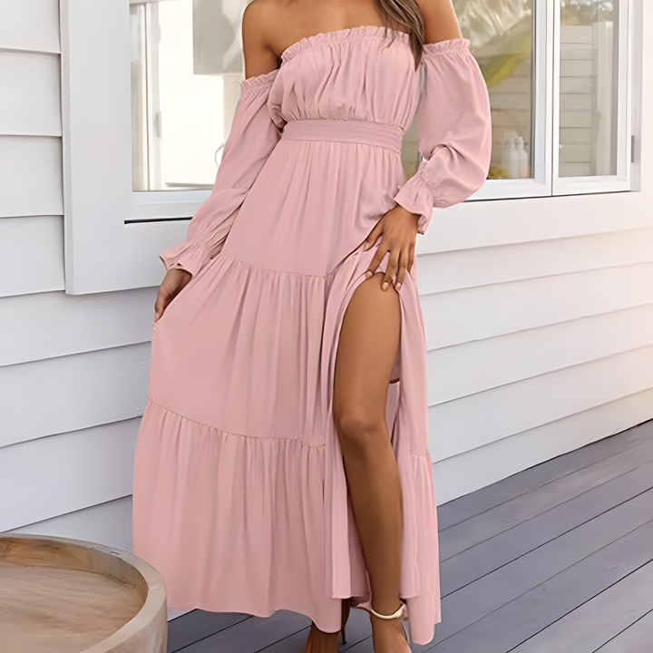 Elegant Off-Shoulder Smocked Tiered Maxi Dress