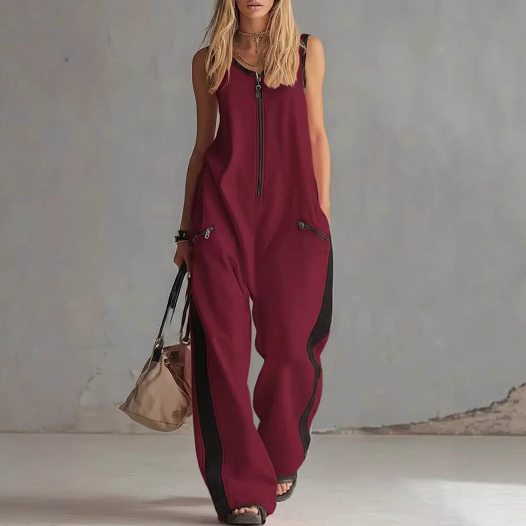 Modern Contrast Zip-Front Wide Leg Jumpsuit