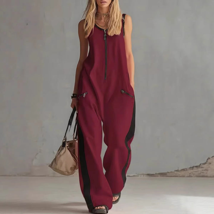 Modern Contrast Zip-Front Wide Leg Jumpsuit