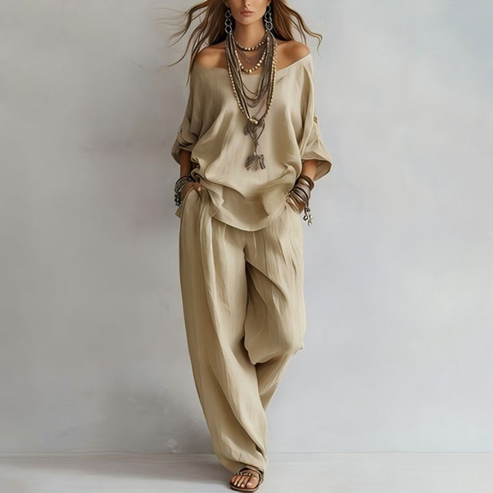 Linen Blend 3/4 Sleeve Top &amp; Wide Leg Pants Set