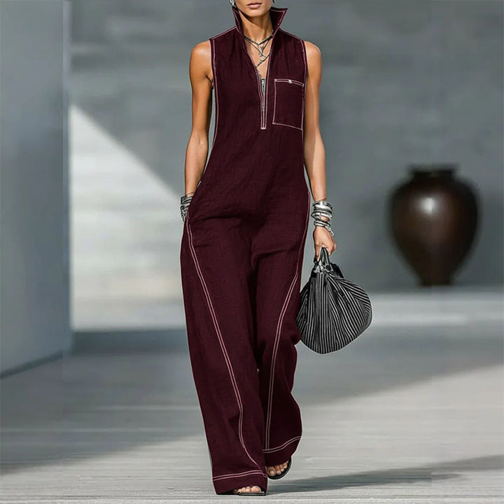 Stand Collar Sleeveless Linen Blend Jumpsuit