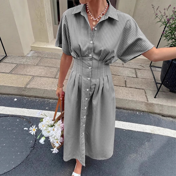 Striped Pleated Waist Shirt Midi Dress
