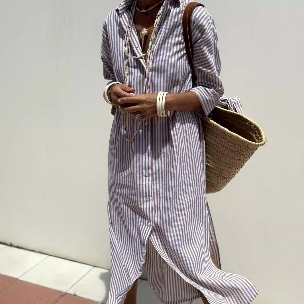 Relaxed Striped Collared Midi Shirt Dress