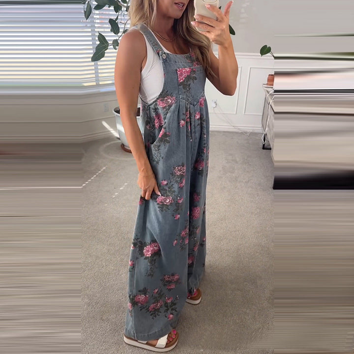 Boho Floral Wide Leg Overall Jumpsuit