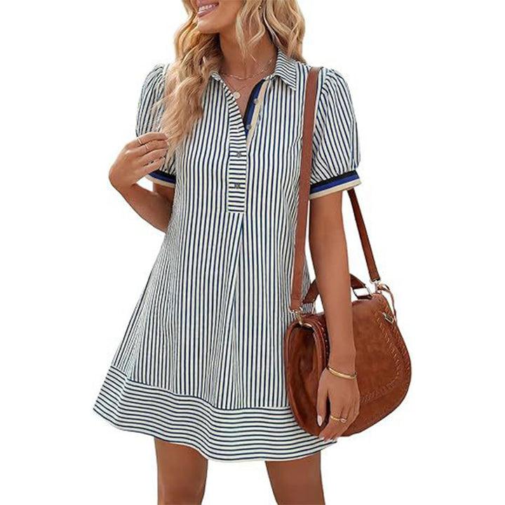 Elegant Striped Puff Sleeve A-Line Mini Dress