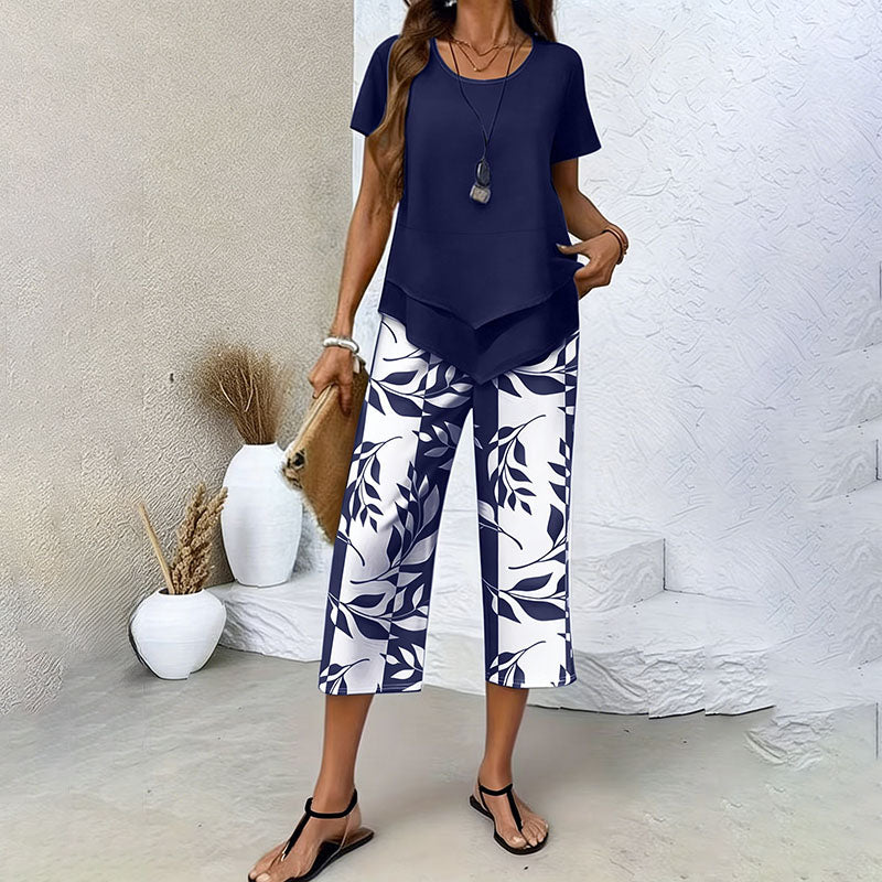Layered Hem Top &amp; Floral Crop Pants Set