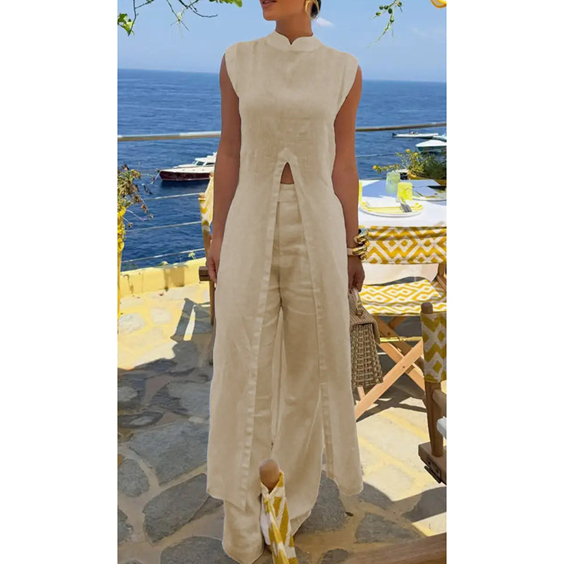 Cotton slit long top and pants set