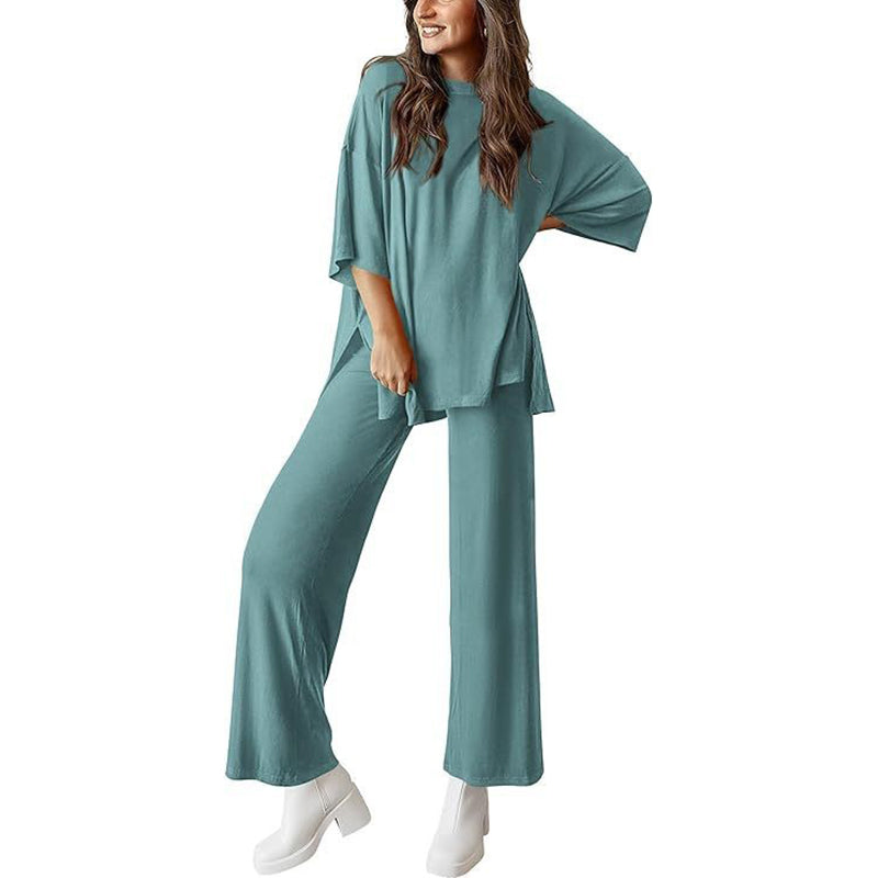 Short-sleeved casual top and wide-leg pants loungewear set