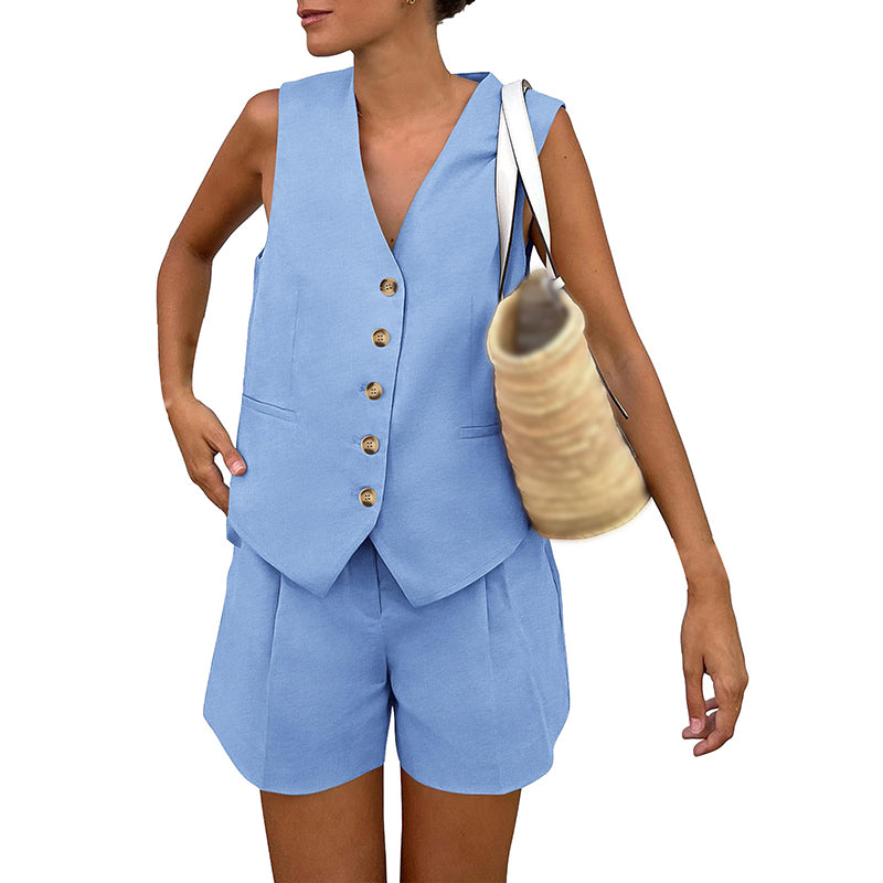 V-Neck Button-Front Vest &amp; Shorts Set