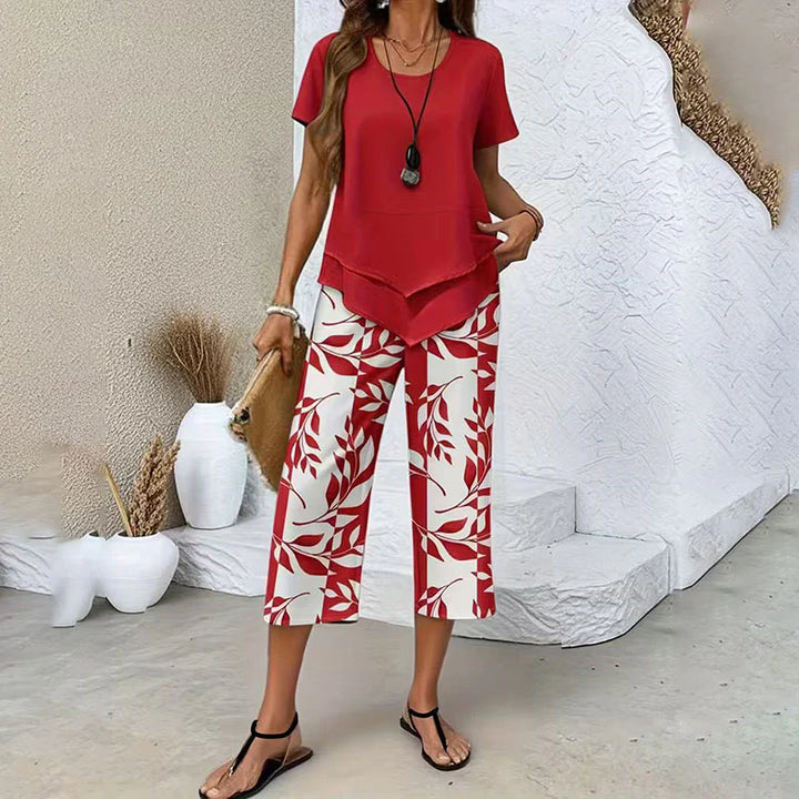 Layered Hem Top &amp; Floral Crop Pants Set