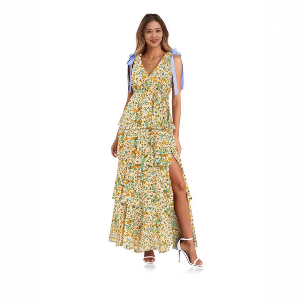 Elegant Tie-Shoulder Floral Tiered Maxi Dress