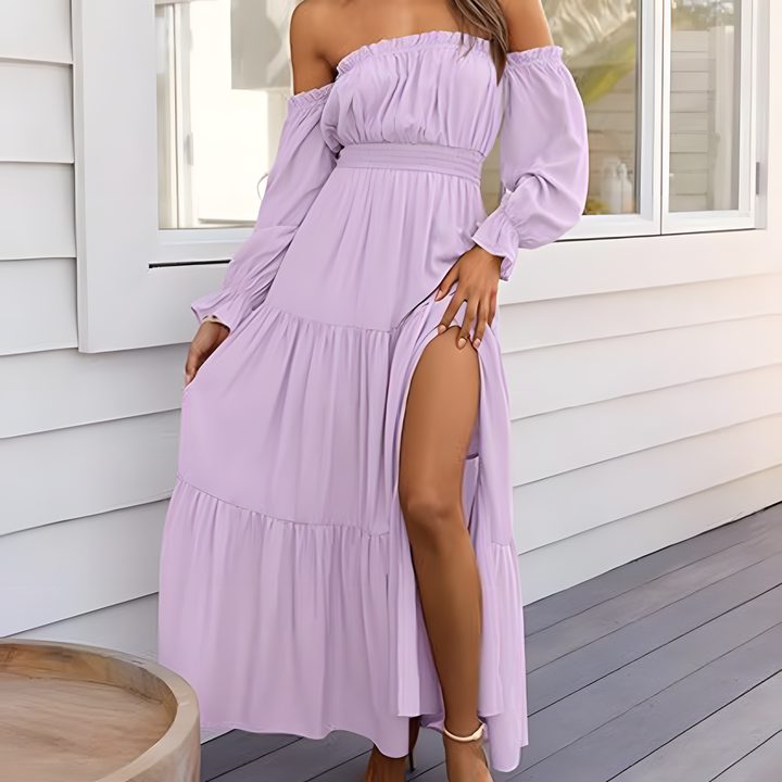 Elegant Off-Shoulder Smocked Tiered Maxi Dress