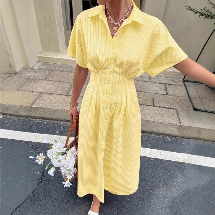 Striped Pleated Waist Shirt Midi Dress