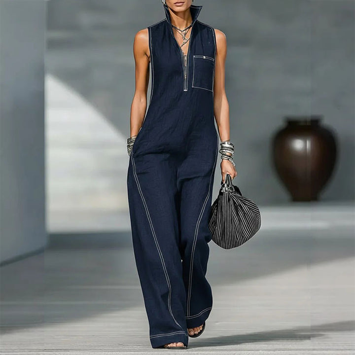 Stand Collar Sleeveless Linen Blend Jumpsuit
