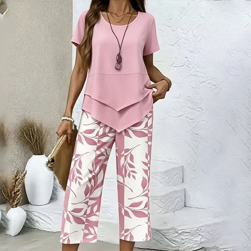Layered Hem Top &amp; Floral Crop Pants Set