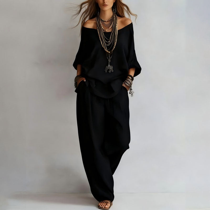 Linen Blend 3/4 Sleeve Top &amp; Wide Leg Pants Set