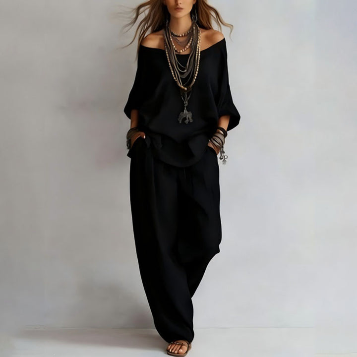Linen Blend 3/4 Sleeve Top &amp; Wide Leg Pants Set