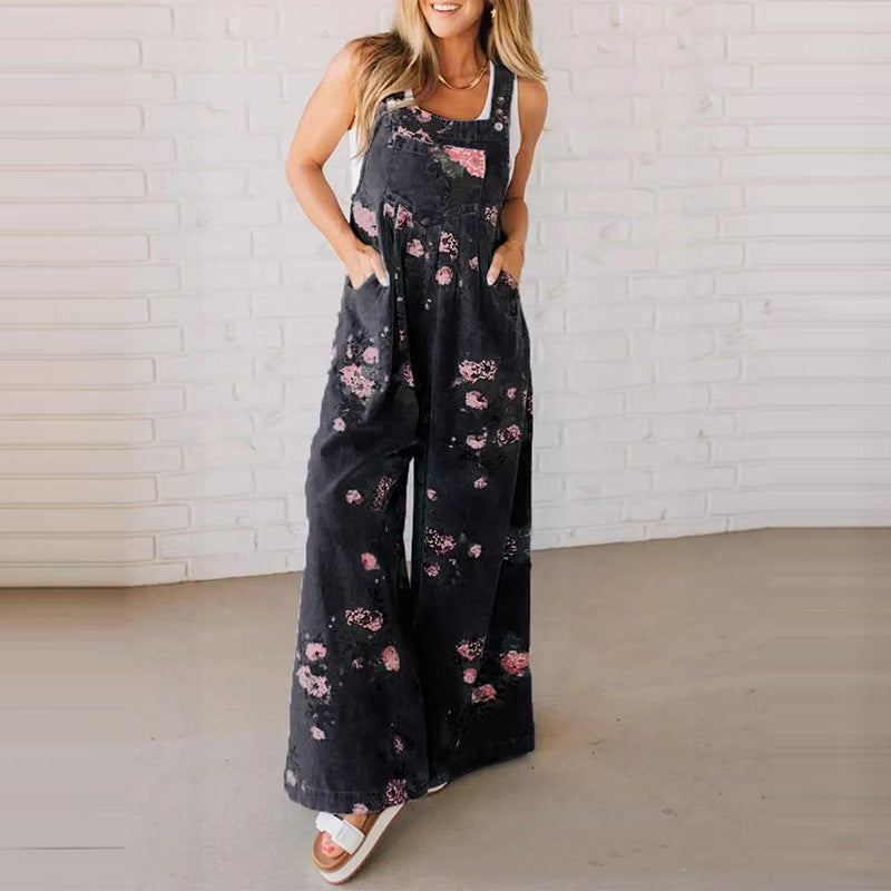 Boho Floral Wide Leg Overall Jumpsuit
