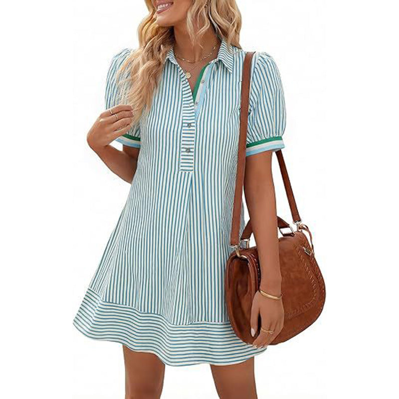 Elegant Striped Puff Sleeve A-Line Mini Dress