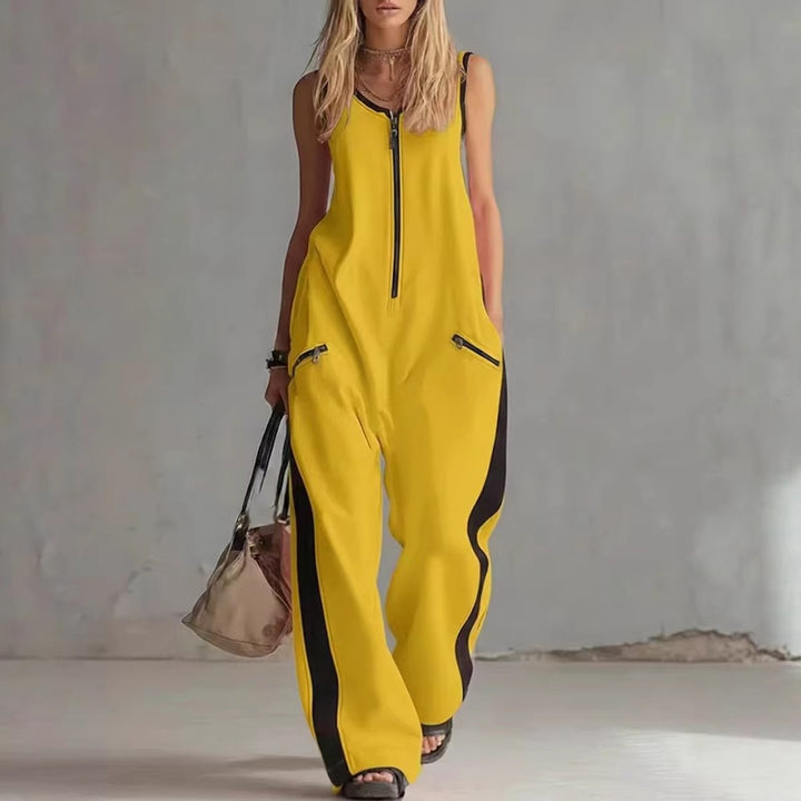 Modern Contrast Zip-Front Wide Leg Jumpsuit