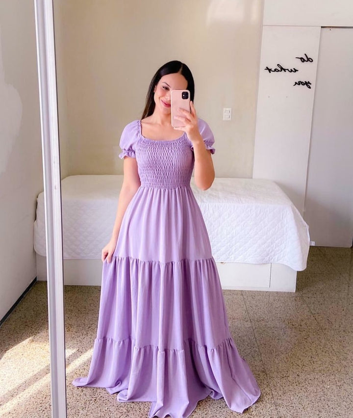 Square Neck Puff Sleeve Maxi Dress