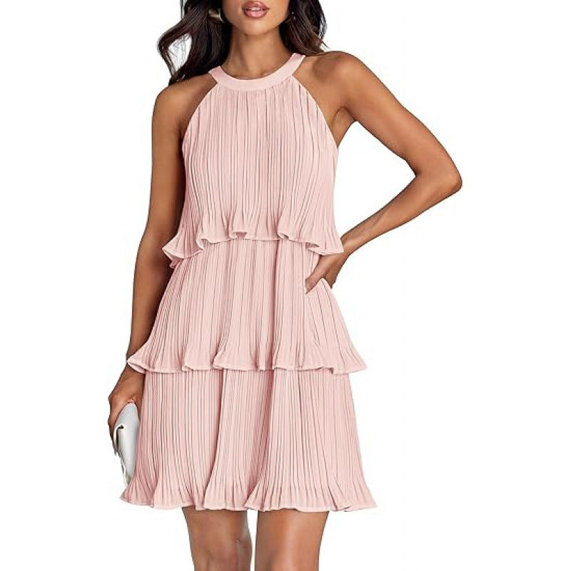 Elegant Pleated Tiered Halter Dress