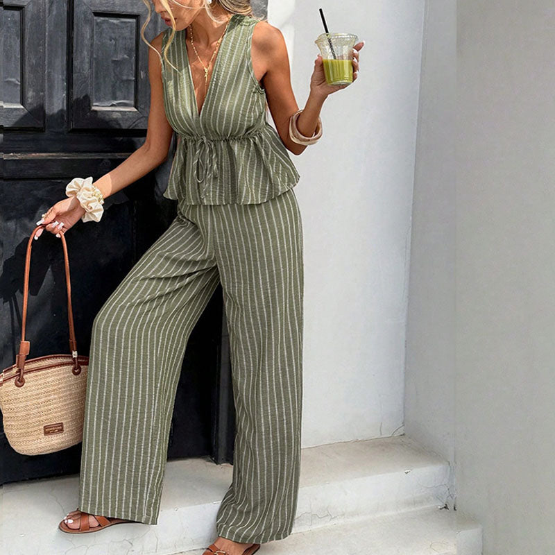 Striped V-Neck Top &amp; High-Waist Wide Leg Pants Set