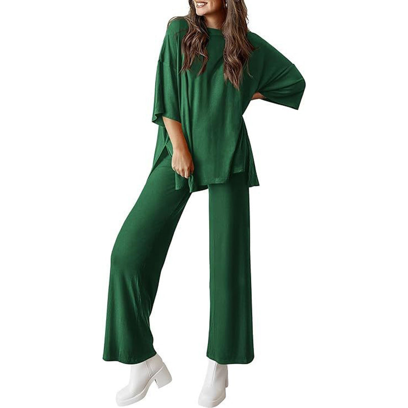 Short-sleeved casual top and wide-leg pants loungewear set