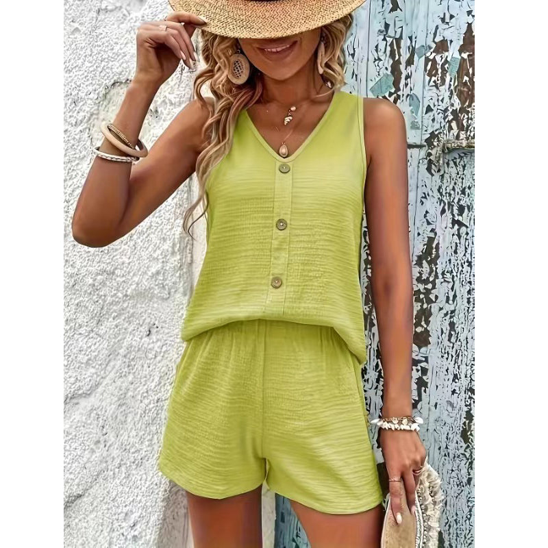 V-Neck Button Tank &amp; Shorts Lounge Set