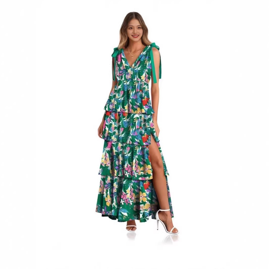 Elegant Tie-Shoulder Floral Tiered Maxi Dress