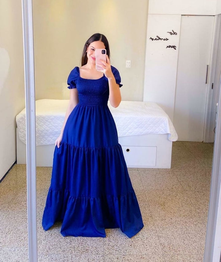 Square Neck Puff Sleeve Maxi Dress