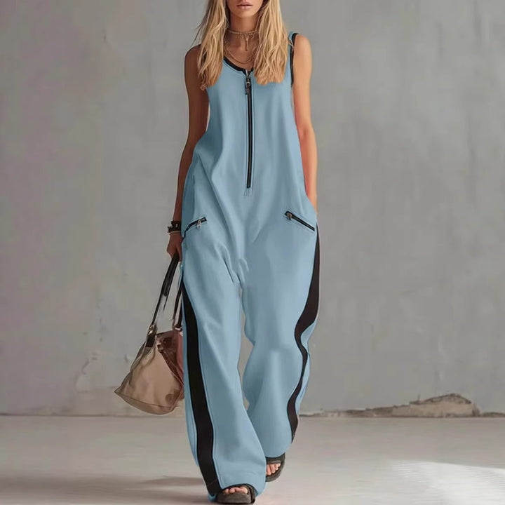 Modern Contrast Zip-Front Wide Leg Jumpsuit