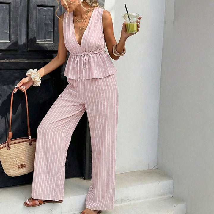 Striped V-Neck Top &amp; High-Waist Wide Leg Pants Set