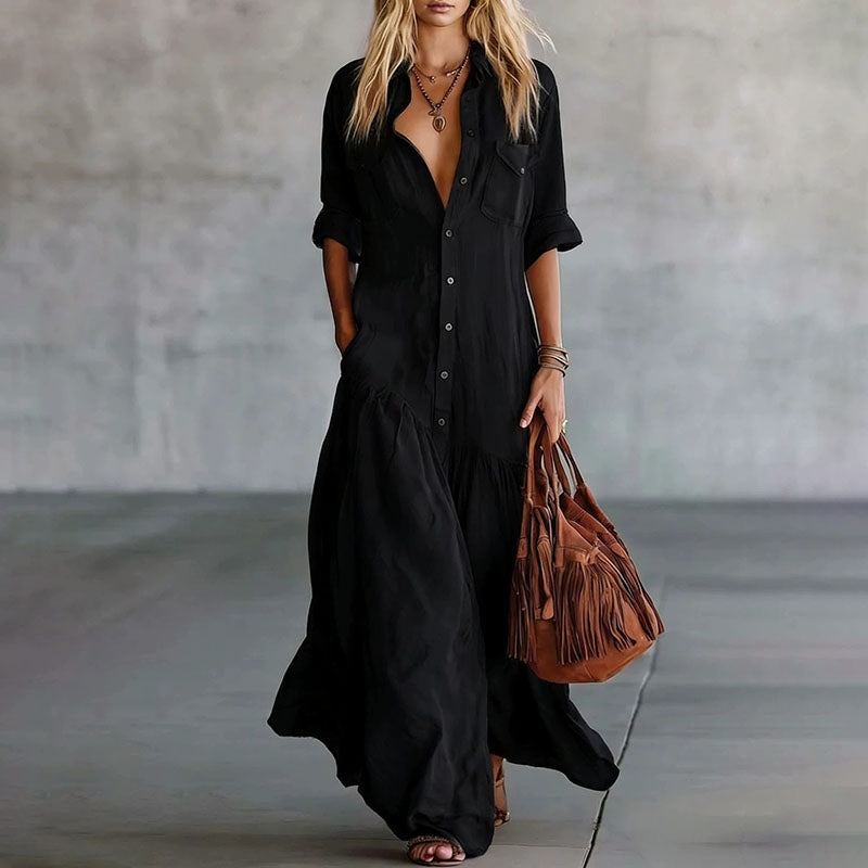 Casual Button-Down Maxi Shirt Dress with Pockets