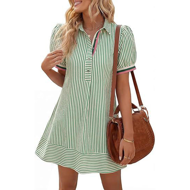 Elegant Striped Puff Sleeve A-Line Mini Dress