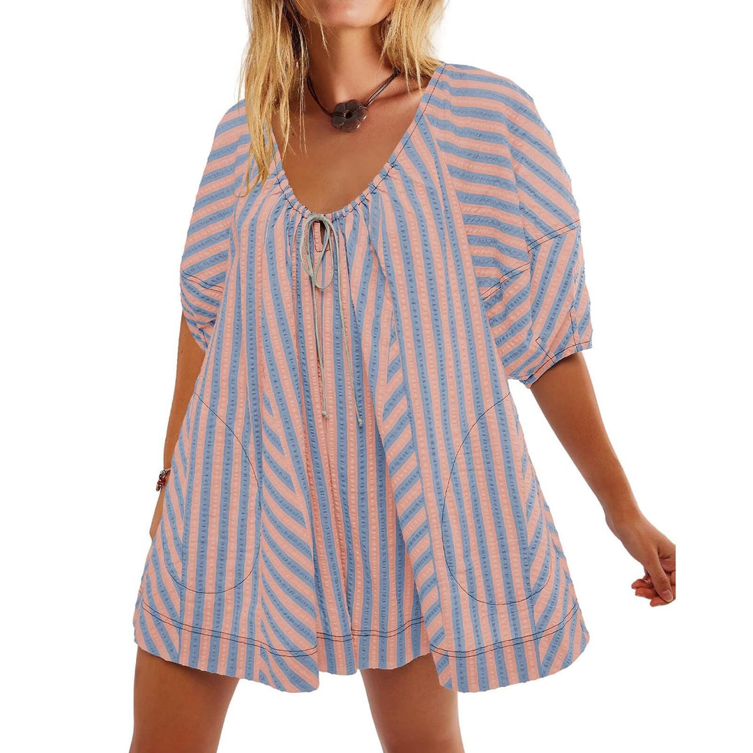 Striped Deep V Wide Leg Romper